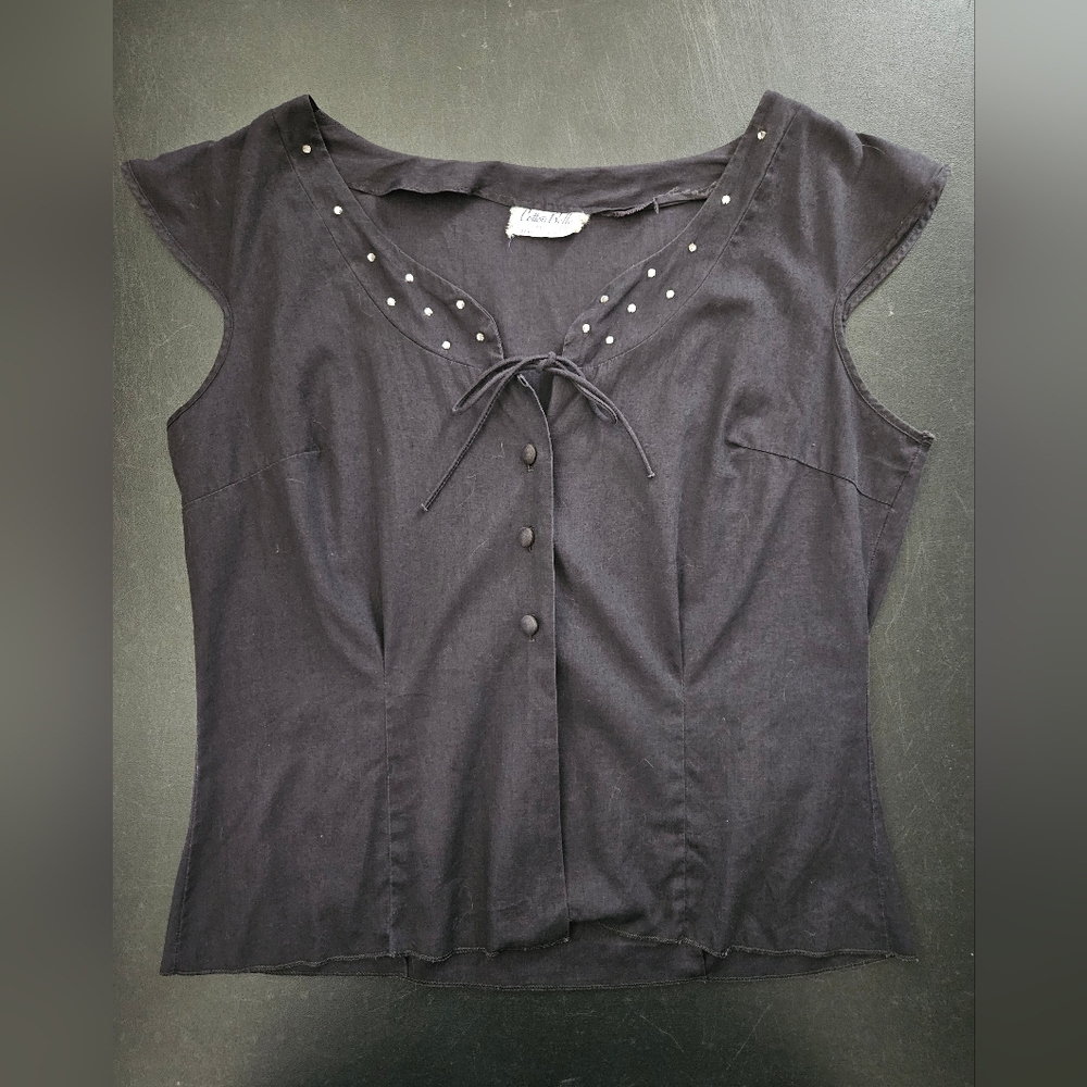 Vintage - Cotton Belle by Benel of Boston Rhinestone Black Blouse -Size 36
